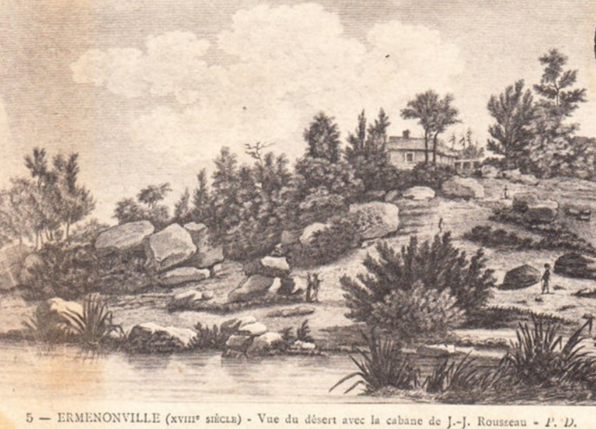 Carte postale ancienne du XVIIIe siècle : gravure du « Désert d’Ermenonville » et de la « cabane de JJ. ROUSSEAU ».